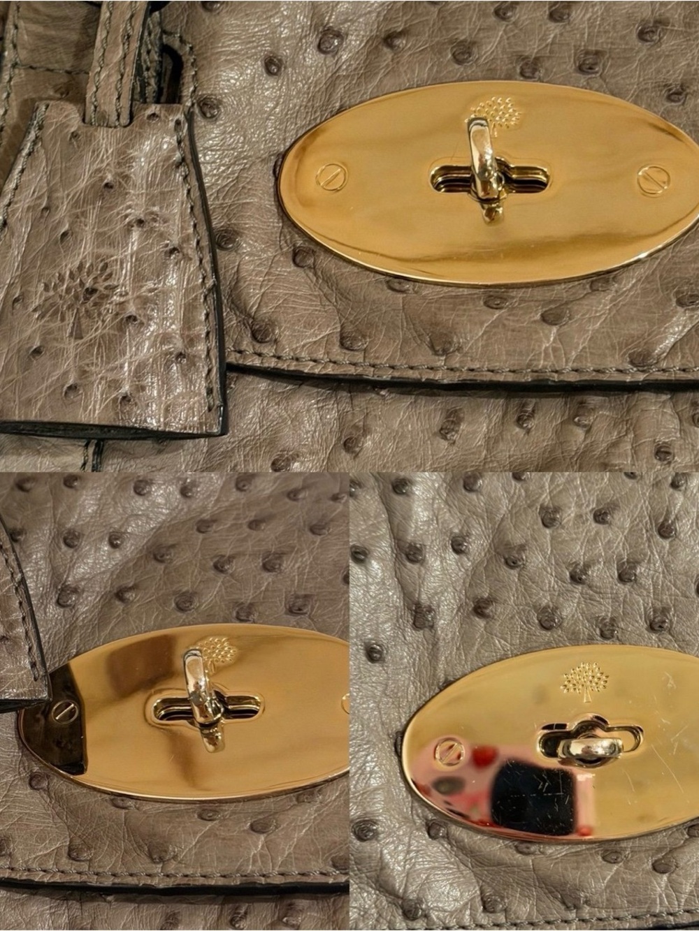Mulberry grey Ostrich-Textured Satchel with Gold Hardware - Picture 6 of 10